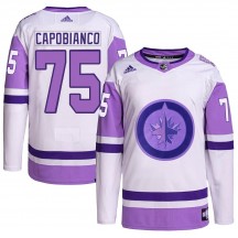 Men's Adidas Winnipeg Jets Kyle Capobianco White/Purple Hockey Fights Cancer Primegreen Jersey - Authentic