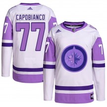 Men's Adidas Winnipeg Jets Kyle Capobianco White/Purple Hockey Fights Cancer Primegreen Jersey - Authentic