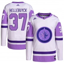 Youth Adidas Winnipeg Jets Connor Hellebuyck White/Purple Hockey Fights Cancer Primegreen Jersey - Authentic