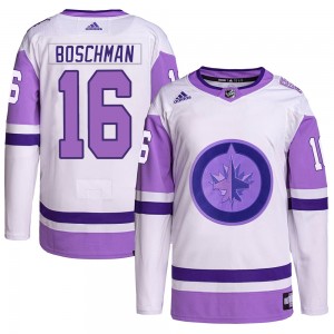 Men's Adidas Winnipeg Jets Laurie Boschman White/Purple Hockey Fights Cancer Primegreen Jersey - Authentic