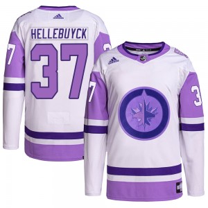 Men's Adidas Winnipeg Jets Connor Hellebuyck White/Purple Hockey Fights Cancer Primegreen Jersey - Authentic