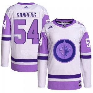 Men's Adidas Winnipeg Jets Dylan Samberg White/Purple Hockey Fights Cancer Primegreen Jersey - Authentic