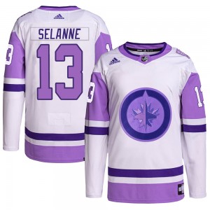 Men's Adidas Winnipeg Jets Teemu Selanne White/Purple Hockey Fights Cancer Primegreen Jersey - Authentic